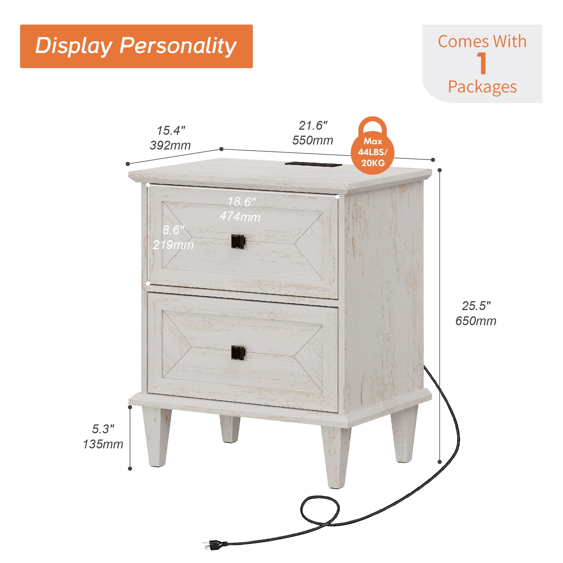 WAMPAT Night Stand with Charging Station, Rustic Farmhouse Bedside Table with Drawers & Solid Wood Legs, White Side End Table for Living Room Bedroom, Distressed White