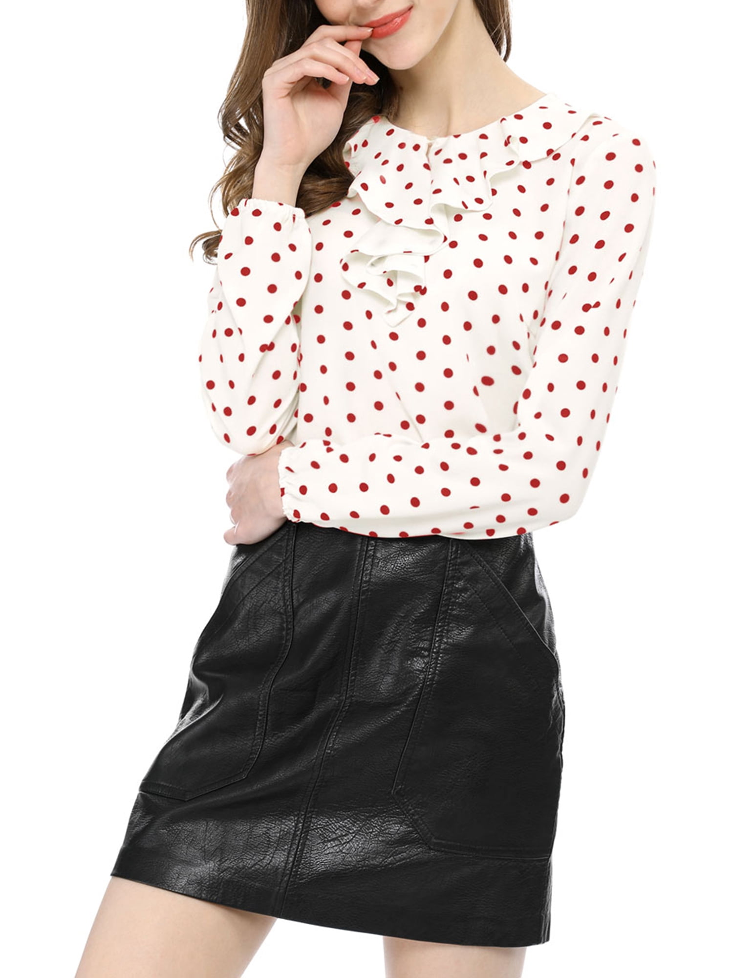 DARING DIVA Ruffle Neck Polka Dots Blouse Shirt M White Red-Dots