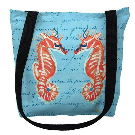 Coral Sea Horses Blue Script Small Tote Bag 13x13 16 inches x 16 inches