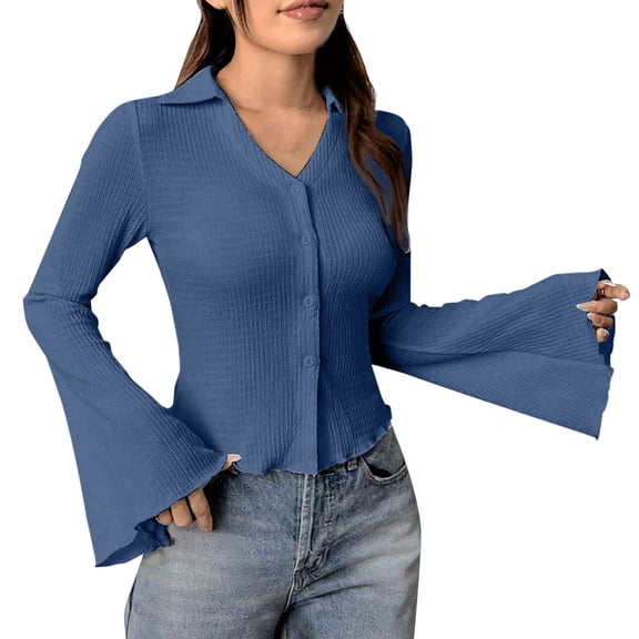 Lenpel Women's Button down Shirts Bell Long Sleeve V Neck Collared Textured Slim Crop Tops Soft Casual Blouses Going out Tops(Blue,X-Large)