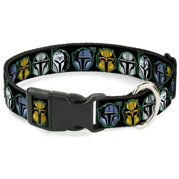 Star Wars Pet Collar, Dog Collar Plastic Buckle, Star Wars the Mandalorian Helmets Black Multi Color, 7 to 8.5 Inches 0.5 Inch Wide