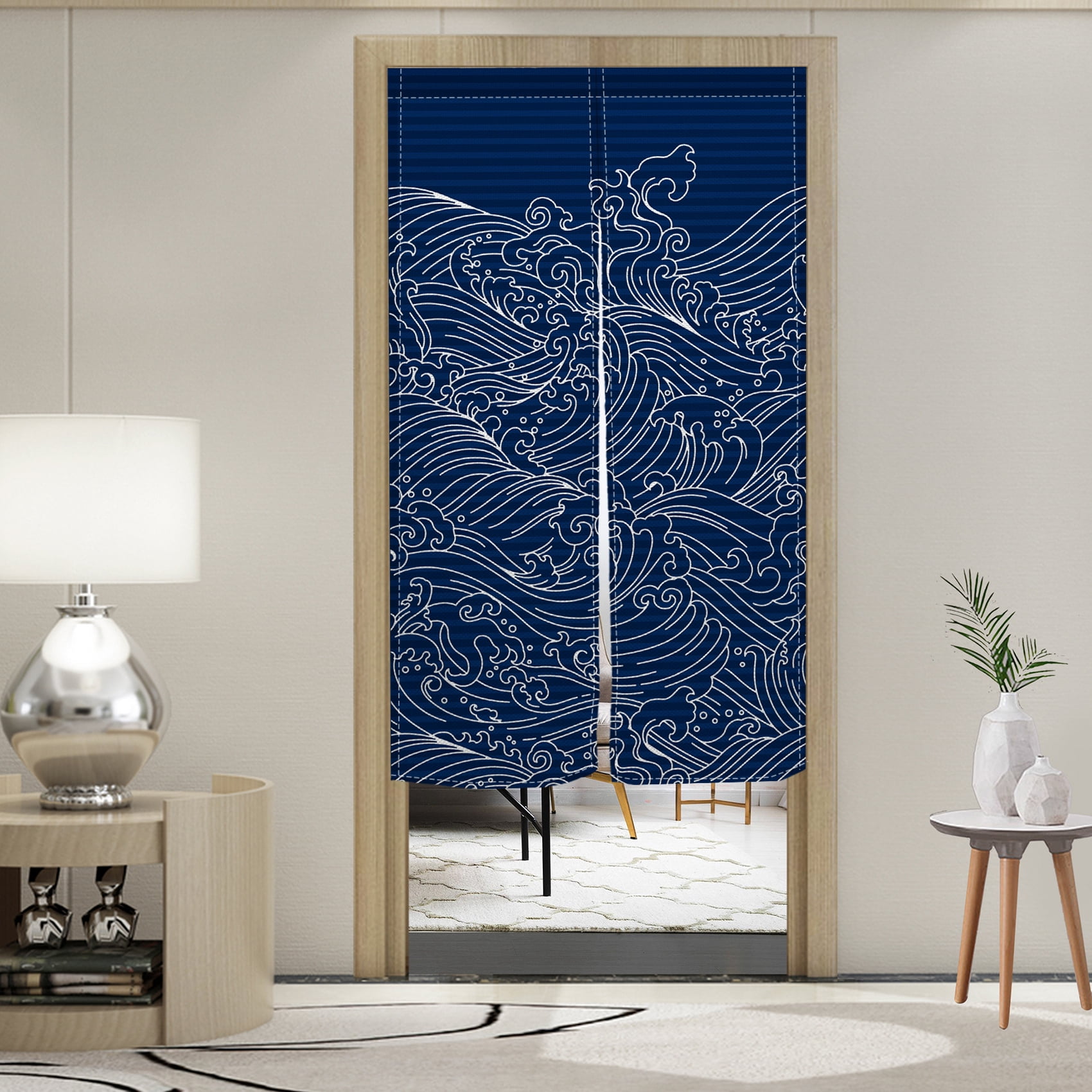 Noren Doorway Curtain Japanese Style Wave Printed Linen Window Treatment Door Tapestry for Home Decoration 33.5"x67",Navy Blue