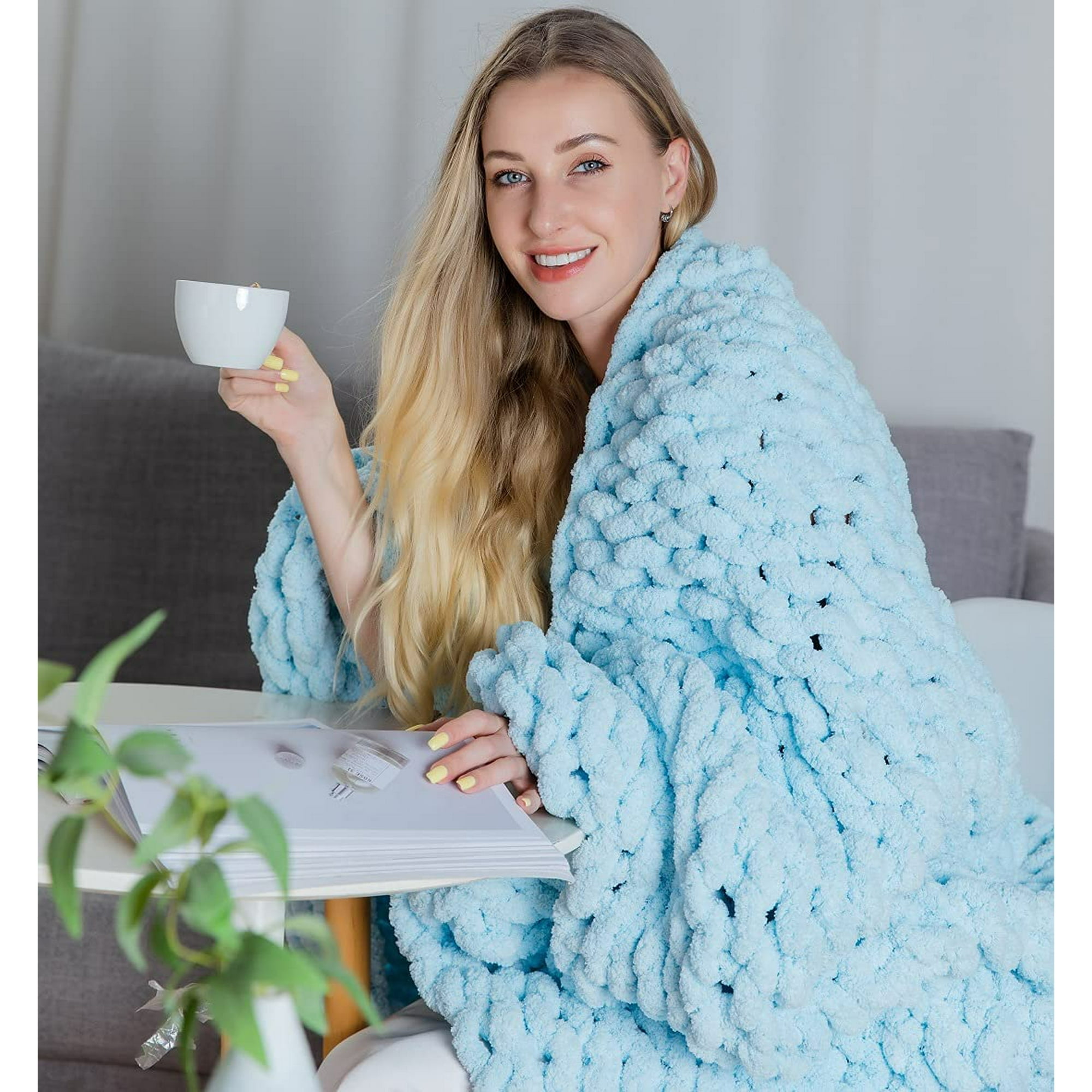 Htooq Chunky Knit Luxury Throw Blanket Large Cable Knitted Premium Soft Cozy Chenille Bulky Blankets For Cuddling Up In Bed On The Couch Or Sofa Blue