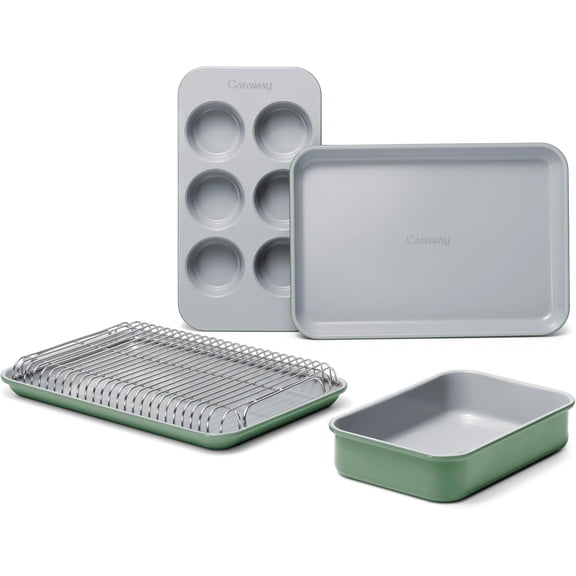 Caraway Mini Bakeware Set – Naturally Non-Stick, Non-Toxic Ceramic Coating – Compact Baking Pans Set for Small Kitchens & Ovens – Includes Baking Sheets, Muffin Pan, Cooling Rack & Storage - Sage
