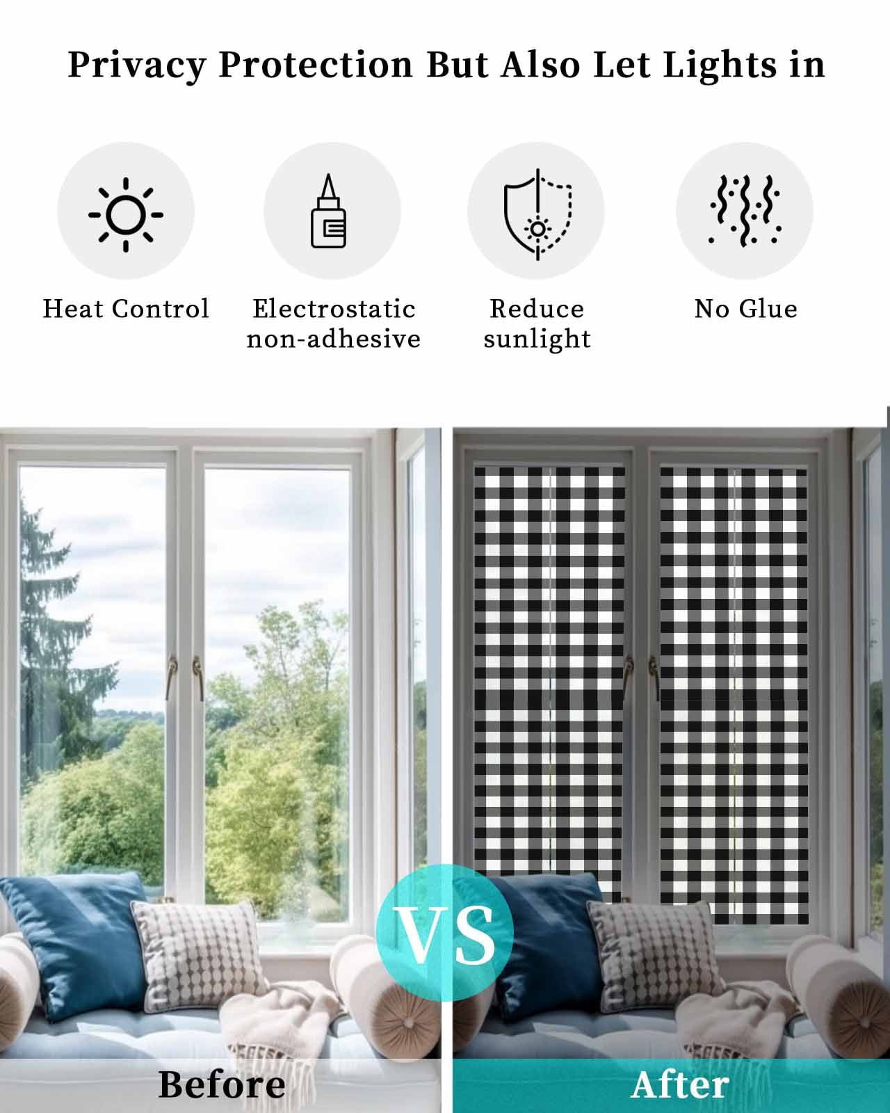 Window Privacy Film Black White Plaid Stained Glass Window Film Decorative Sun Block Window Cover Modern Simple Buffalo Check Gingham Window Clings Static Adhesive Sticker for Bathroom 17.7"x78.7"