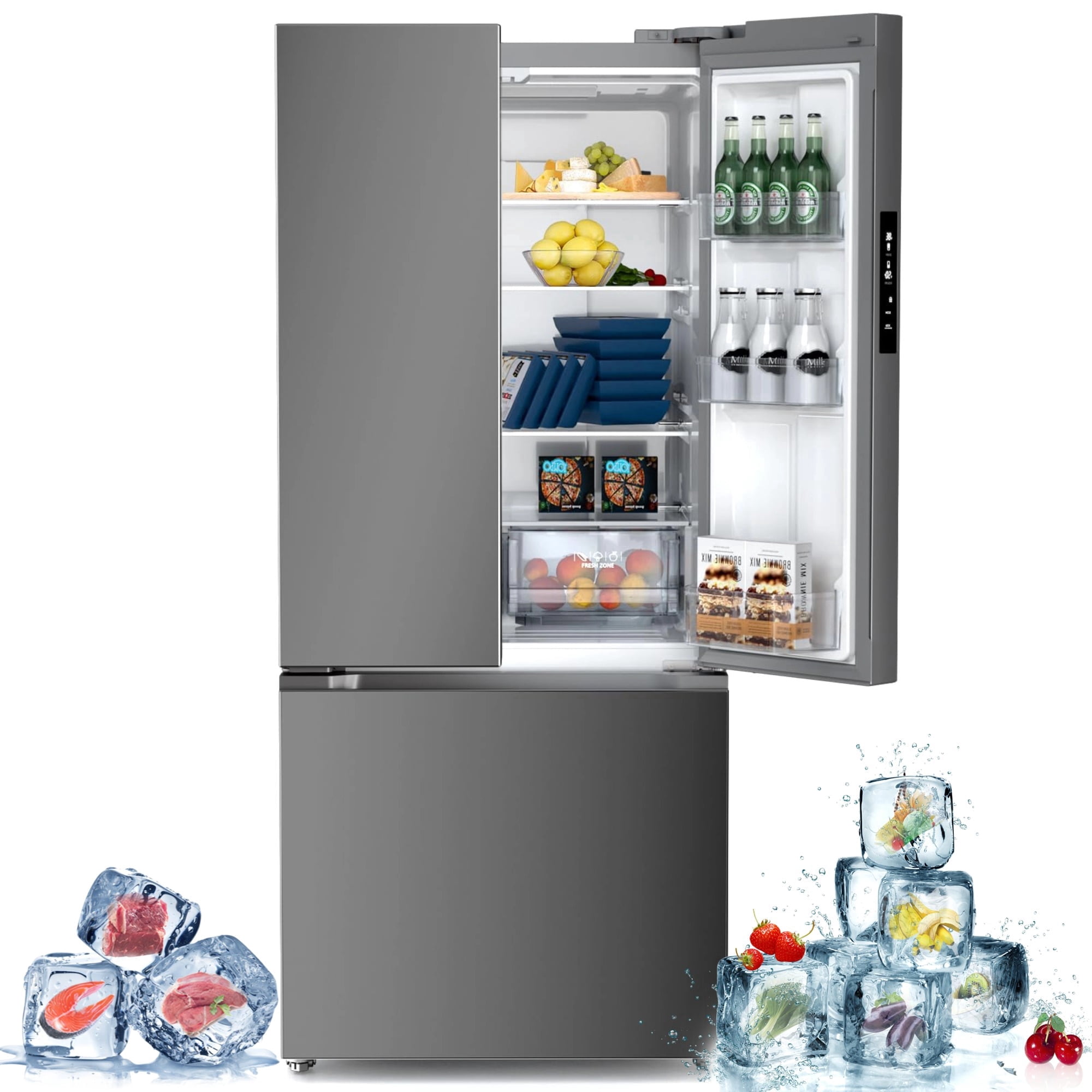 Auseo 17.5 cu ft French Door Refrigerator with Side-by-Side Storage, Bottom Freezer & Ice Maker, Inverter Compressor, Multi-Airflow Cooling, LED Touch Display, Smudge-Proof Stainless Steel, Grey
