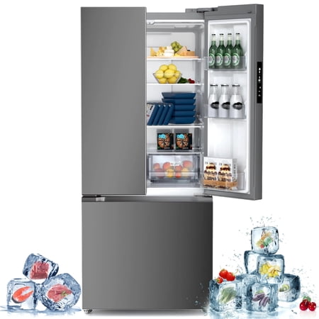 Auseo 17.5 cu ft French Door Refrigerator with Side-by-Side Storage, Bottom Freezer & Ice Maker, Inverter Compressor, Multi-Airflow Cooling, LED Touch Display, Smudge-Proof Stainless Steel, Grey