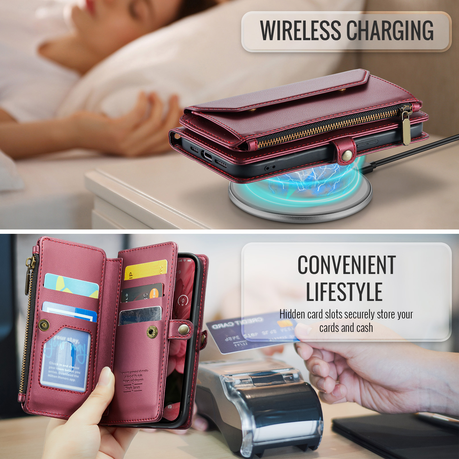 Compatible with iPhone 16e/SE 2025/SE 4 Zipper Wallet Phone Case Tempered Glass Screen Protector Crossbody Lanyard Strap Flip Card Holder Slot Cell Cover for i Phone16e i16e 16 e SE4 Women Wine Red