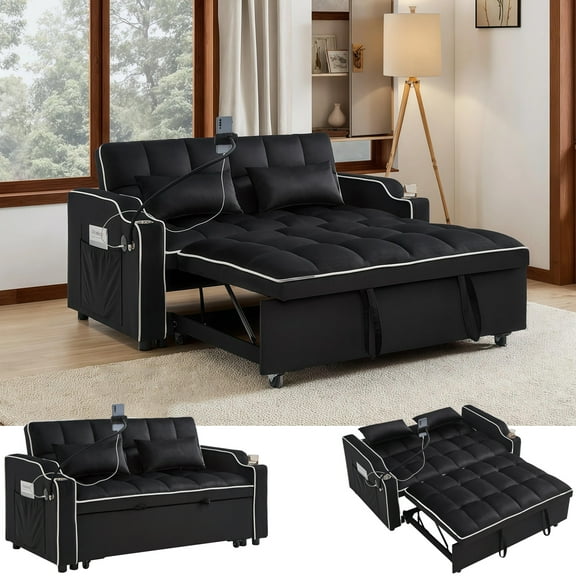 Black Sofa Bed Pull Out Couch, USB Charging Ports & Adjustable Backrest