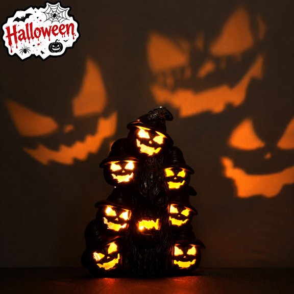 Tryvkinvive Halloween Decoration LED Pumpkin Tree Sculpture,Witch Hat Jack-o-Lantern Table Ornament,Spooky Decor for Outdoor,Indoor,Home and Party Scene