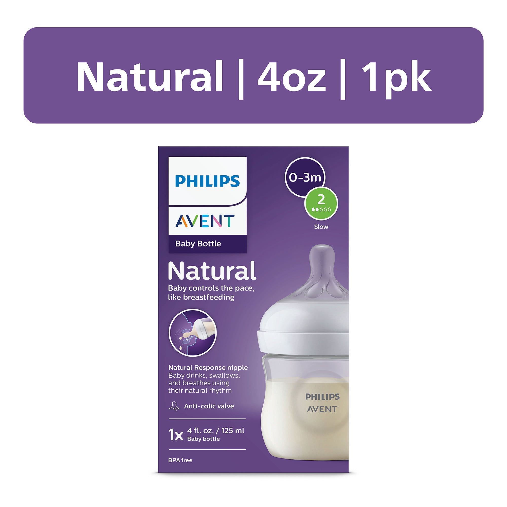 (2 pack) Philips Avent Natural Baby Bottle with Natural Response Nipple (Slow Flow, Flow 2), SCY900/91