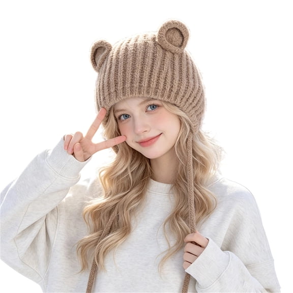 Women Girls Cute Bear Ear Knit Beanie Winter Warm Ear‑Protection Hat Bow Tie‑Up Strap Korean‑Style Soft Cap Outdoor Casual Head‑Accessory