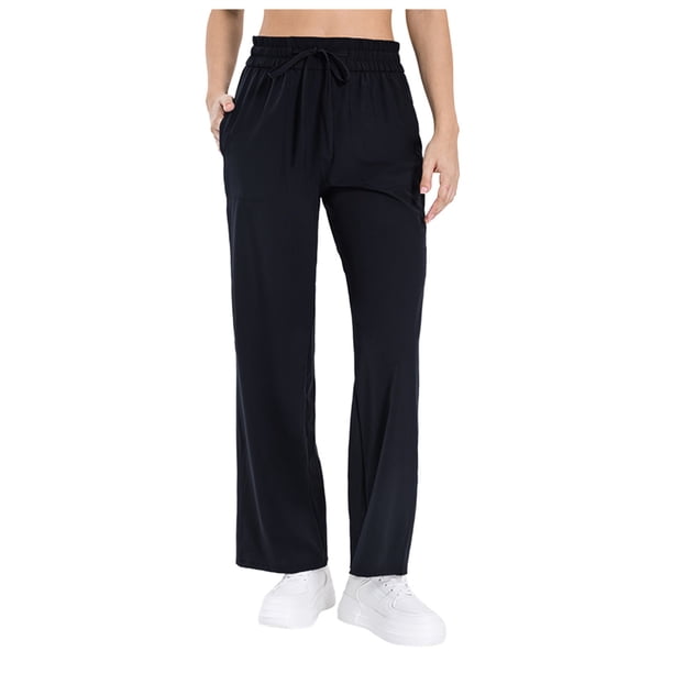 Pantalones deportivos casuales de mujer con pernera ancha, bolsillos y cordón ajustable - Poliéster elástico en 4 direcciones, cintura alta, protección UV para yoga/actividades al aire libre