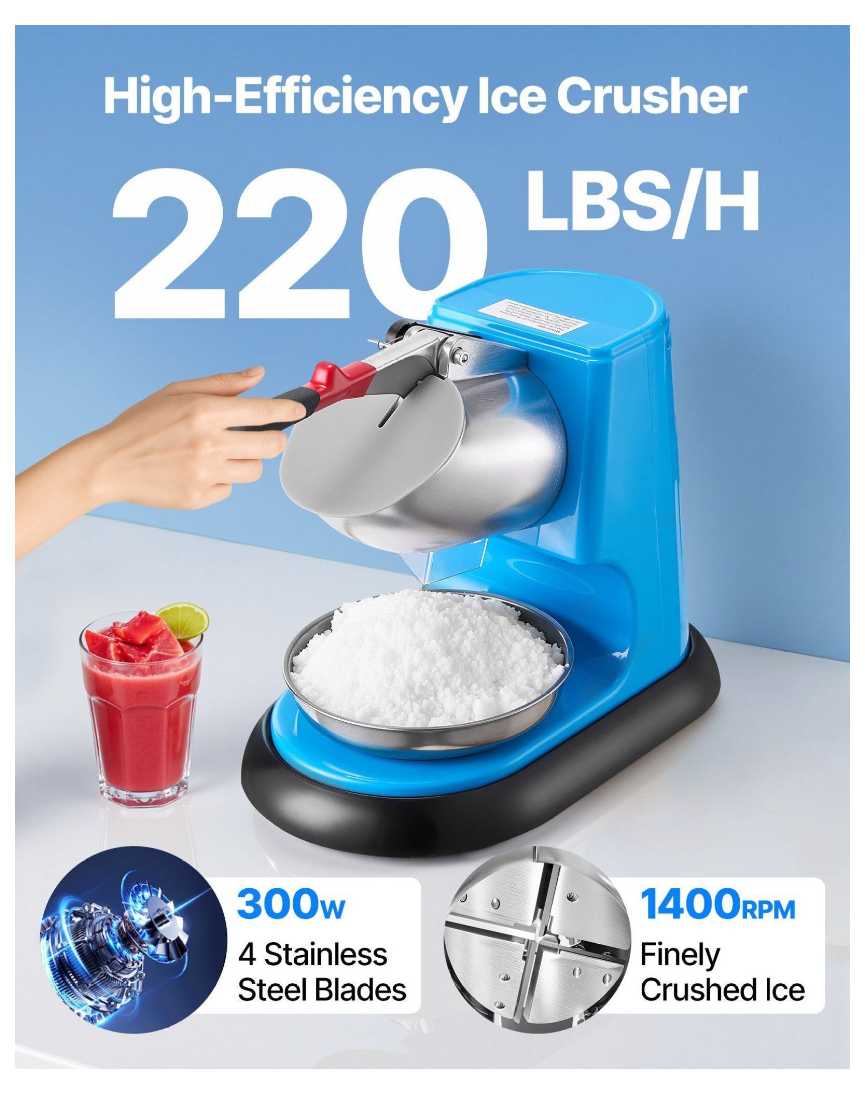 Electric Snow Cone Maker 220LBS/H - Commercial Ice Crusher Machine with Stainless Steel Blades - Shaved Ice Machine for Home & Business