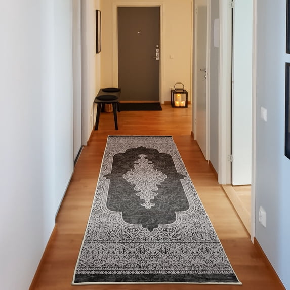 Ethnic Decorative Rug, Floral Silhouettes Background with Ethnic Floral Frame Like Graphic Design, Quality Carpet for Bedroom Dorm and Living Room, 6 Sizes, Dark Grey and Pearl, by Ambesonne