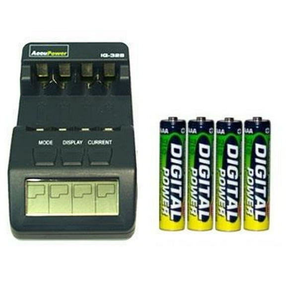IQ-328 AA / AAA LCD Charger + 4 AAA NiMH AccuPower Micro Batteries (1200 mAh)
