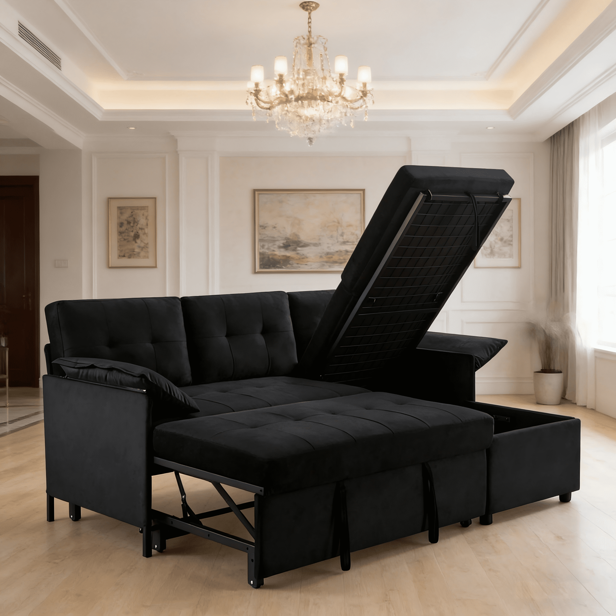Gewnee 77.6" Reversible L-Shaped Sectional Sleeper Sofa with Storage,Pull-Out 2-in-1 Convertible Sleeper Bed for Living Room,Apartment,Office(Black)