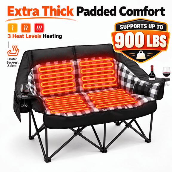 DKMOCO Heated Oversized Padded Double Camping Chair, Heavy Duty Folding Loveseat Supports Up to 900 lb, 2 Person Outdoor Lawn Chair with Cooler Bags and Wine Glass Holders Black