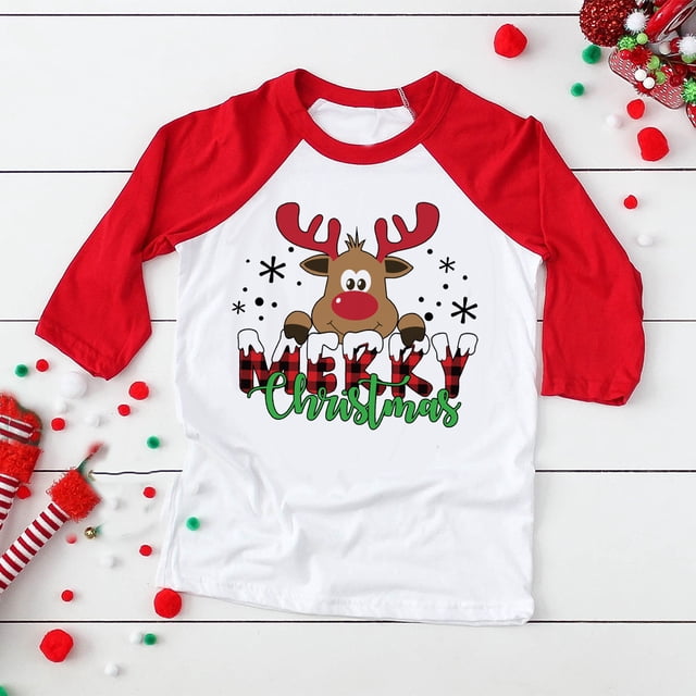 Camiseta raglán con estampado de ciervos de Feliz Navidad para niños, camiseta de fiesta navideña para niños y niñas, atuendo de otoño, camisetas de manga larga para niños