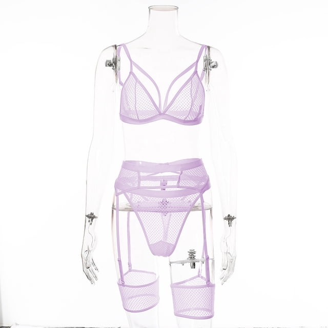 Explosivo 2023 traje de tres piezas sexy transparente de encaje suave para mujer agrega L púrpura claro ShuxiuWang 1327537348788