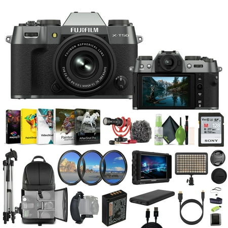 Fujifilm X-T50 Mirrorless Digital Camera XC15-45mmF3.5-5.6 OIS PZ Lens Bundle Kit With 128GB Memory Card + Tripod + Video LED Light + Rode Microphone + 7 HD Monitor +More Accessories-Charcoal Silver