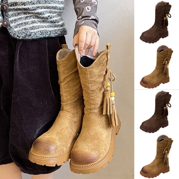 Girls Mid Calf Martin Boots Tassel Fleece Lined Warm Thick Sole Retro Suede Fall Winter Fashion Tall Boots for Little & Big Kids Khaki 2.5 M(37)
