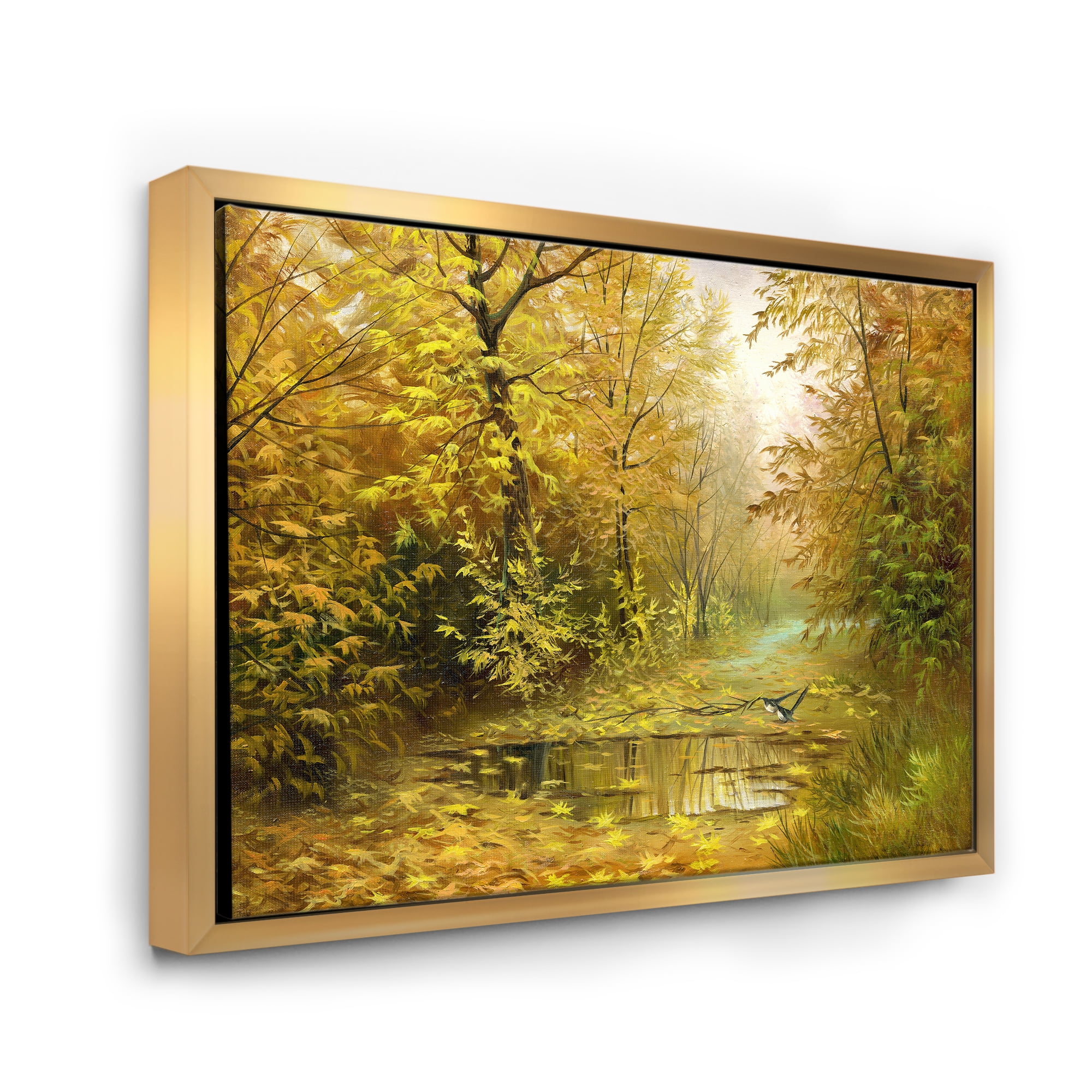 Designart 'Rain Water On Road In Yellow Woodlands' Country Framed Canvas Wall Art Print