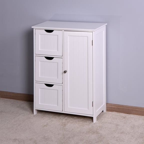 Bathroom Storage Cabinet with 1 Door and 3 Drawers, SYNGAR Free Standing Wooden Storage Organizer, Floor Storage Cabinet, Space Saving Storage Cupboard for Entryway, Living Room, Bedroom, White, D3370