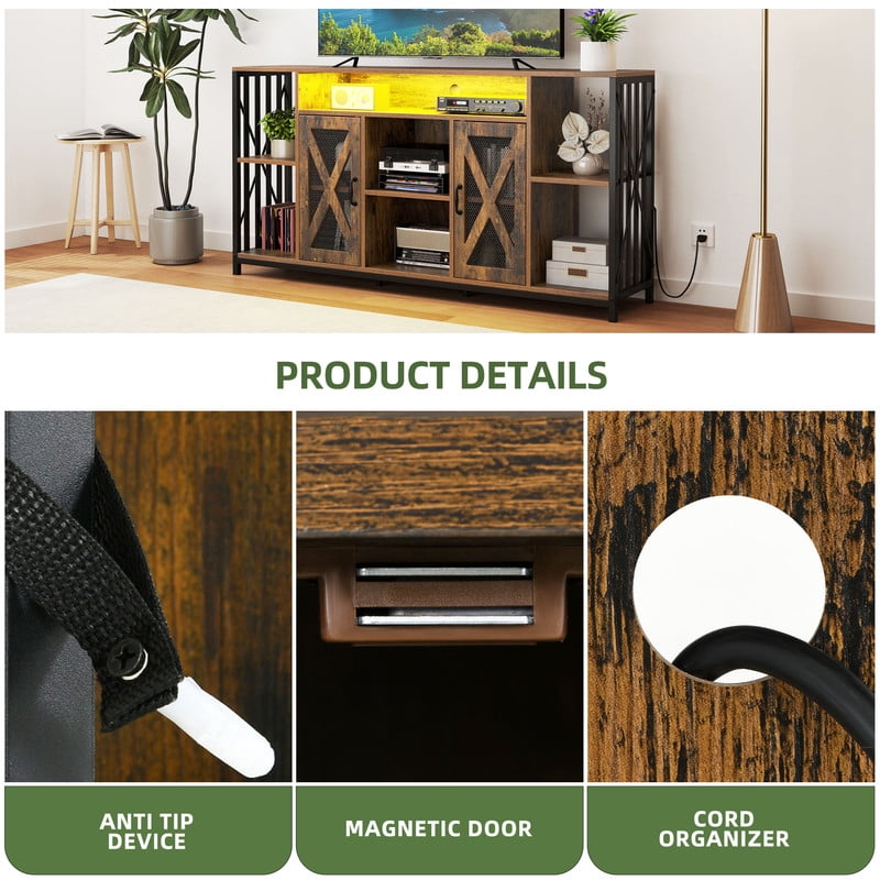 Uforic LED TV Stand for 70/65 Inch TV, Large Media Console Cabinet with Power Outlets, Rustic Brown
