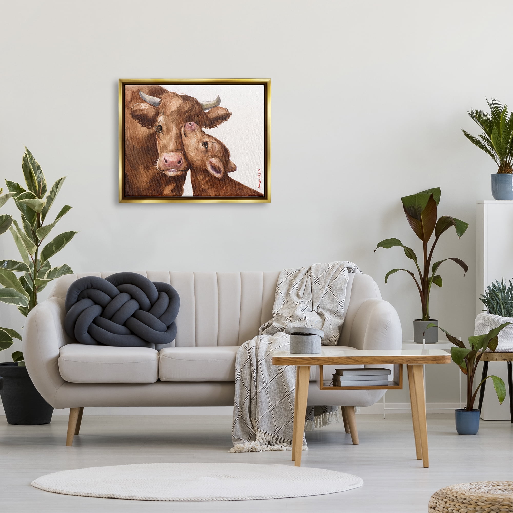 Stupell Industries Compassionate Cattle Mother & Baby Cuddle Rural Farmland Painting Metallic Gold Floating Framed Canvas Print Wall Art, Design by George Dyachenko