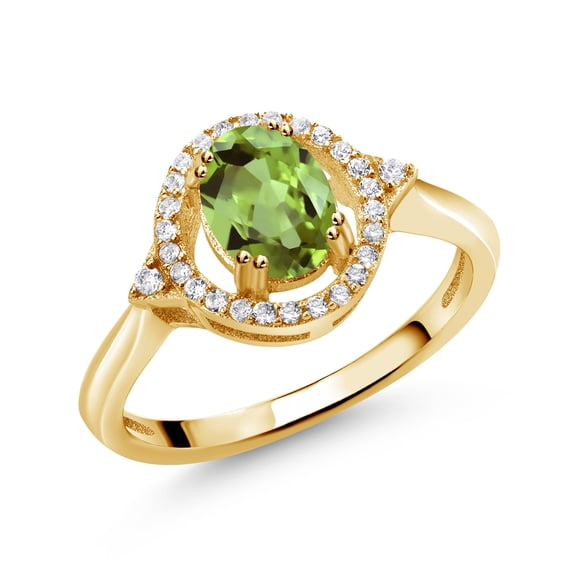 Gem Stone King 1.24 Ct Oval Green Peridot 18K Yellow Gold Plated Silver Ring (Size 5)