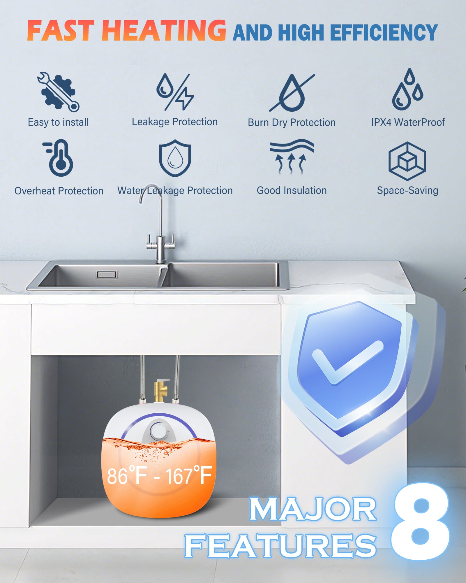 Instant Hot Water Heater 4-Gallon,1440W Electric Mini Tank Water Heater for RV, Rapid Heating with Auto Shut-Off, IPX4 Waterproof, 150 Psi Pressure Resistance, Suitable for your favorite place