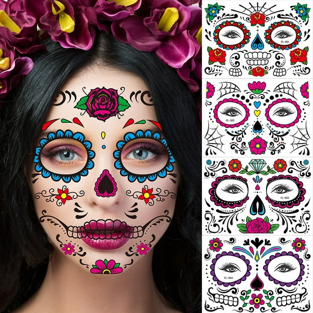 8 juegos de pegatinas temporales JAMW para la cara decoraciones de Halloween calavera de azúcar