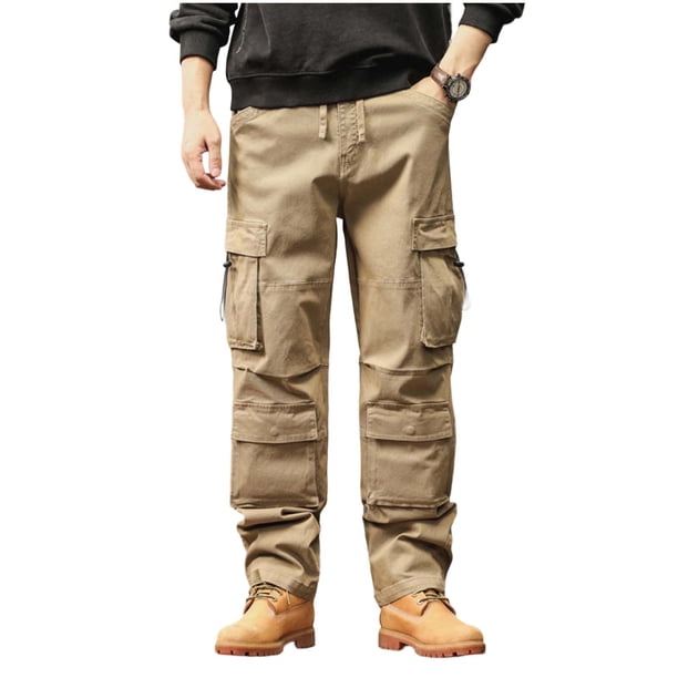Mens Pantalones Casuales Moda Color Sólido Multi Bolsillo Deportes Al Aire Libre Corte Recto