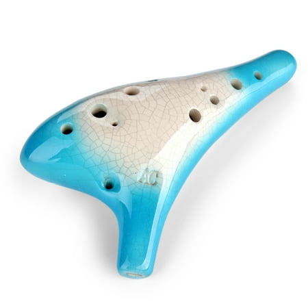 12 Hole Ocarina Alto C Ice Crack Glazed Craft Ceramic Instrument in Blue White for Beginner and Porfessional Player with Neck Strap and Carrying Bag
