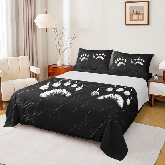 Homewish Bear Paw Pattern Twin Sheet Sets,Safari Animal Twin Fitted Sheet,Black White Flat Sheet For Boys Kids,Super Cozy Room Decor,3-Piece