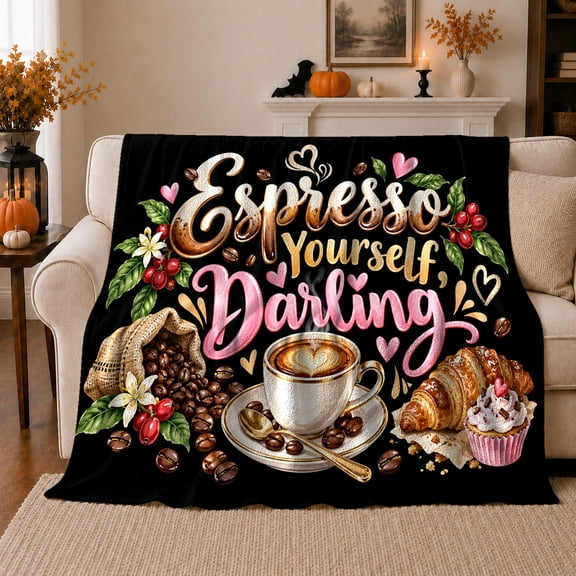 Espresso Yourself Darling Coffee Love Whimsical, Playful Food Art Scene, Warm Flannel Blanket for Living Room and Reading Nook, Art Lovers Friendship Gift, Playful Home Decor