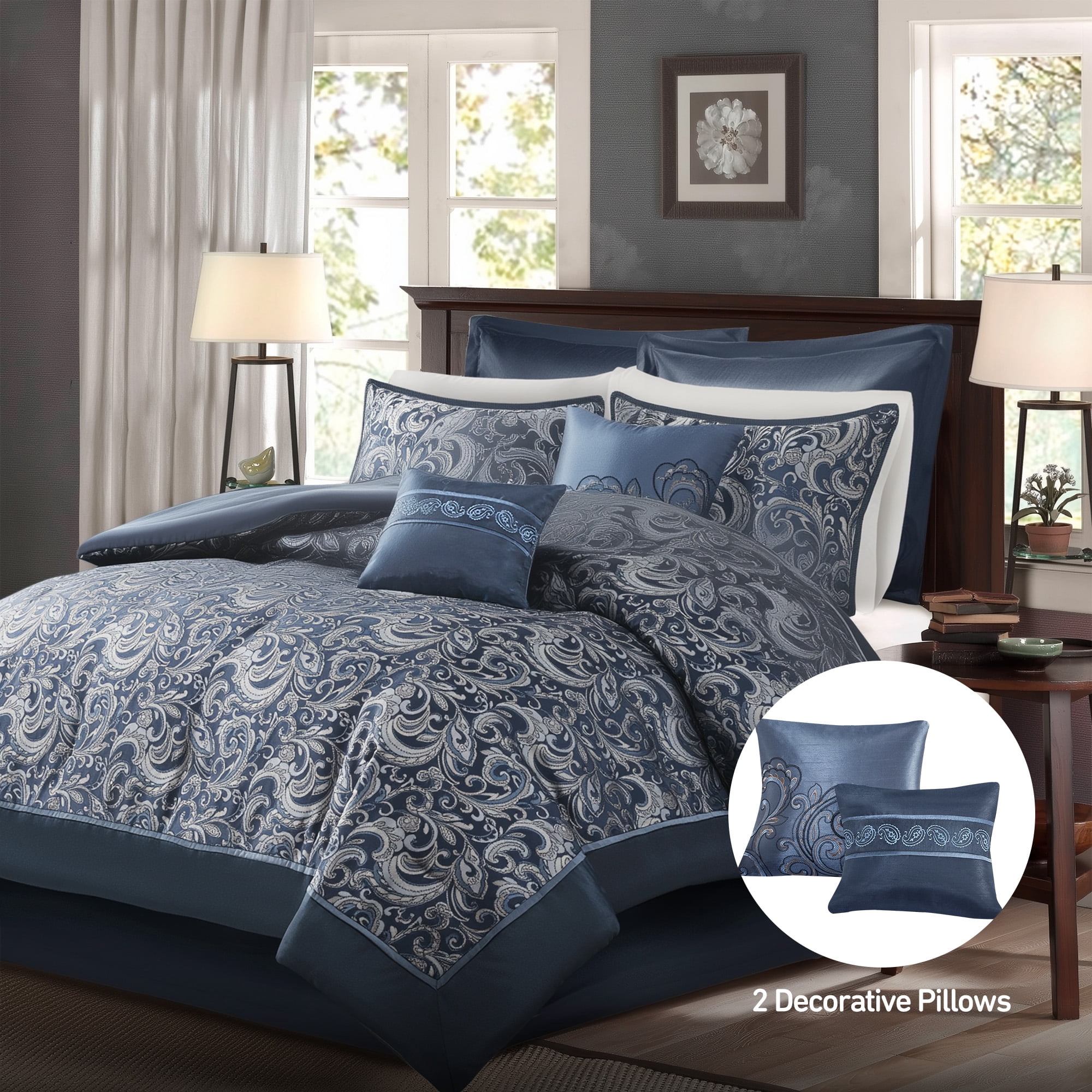 Regency Heights 8 Pieces Jacquard Comforter Set with Bedskirt and Decor Pillows, Queen, Navy