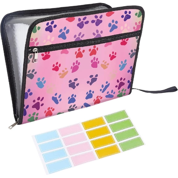 13 Pockets Expanding File Folder Letter Size A4 Zipper Pouch Pink Cute Paw Print Accordion Papers Expandable Filing Keeper Storage for Home School Office Colorful