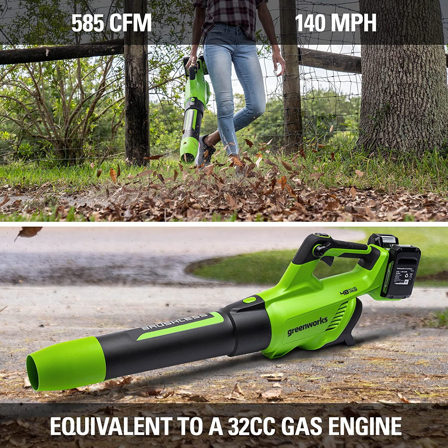 Greenworks 48V (24V x 2) Cordless Brushless Axial Leaf Blower (140 MPH / 585 CFM / 200+ Compatible Tools), (2) 4.0Ah Batteries and Dual Port Rapid Charger Included