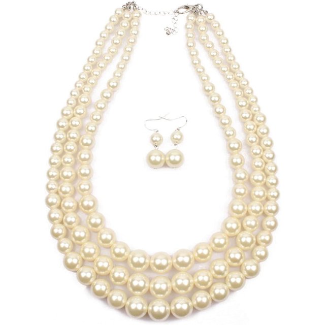 Shineland-Conjunto de collar y pendientes, gargantilla con pechera, collar de perlas de múltiples hebras de imitación, elegante