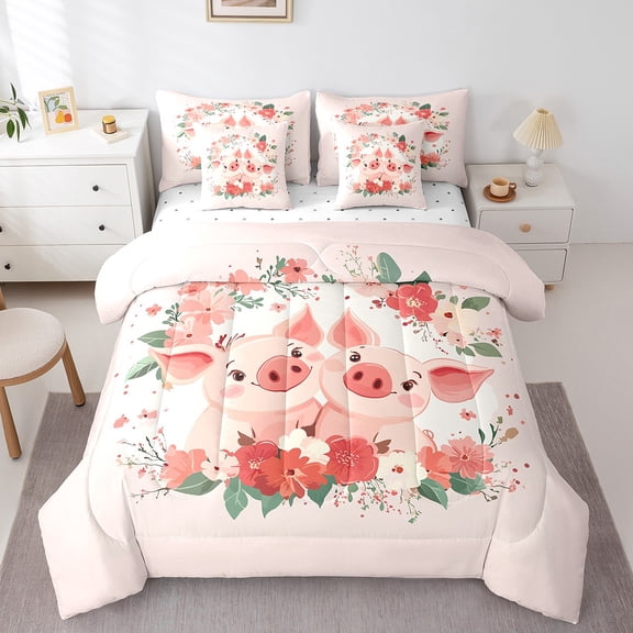 Erosebridal Pink Pig Bedding Twin Size, Flower Floral Bed Set, Cartoon Animal Reversible Bedding Sets Twin Size, Ultra Soft Bedroom Decorative, 7-Piece