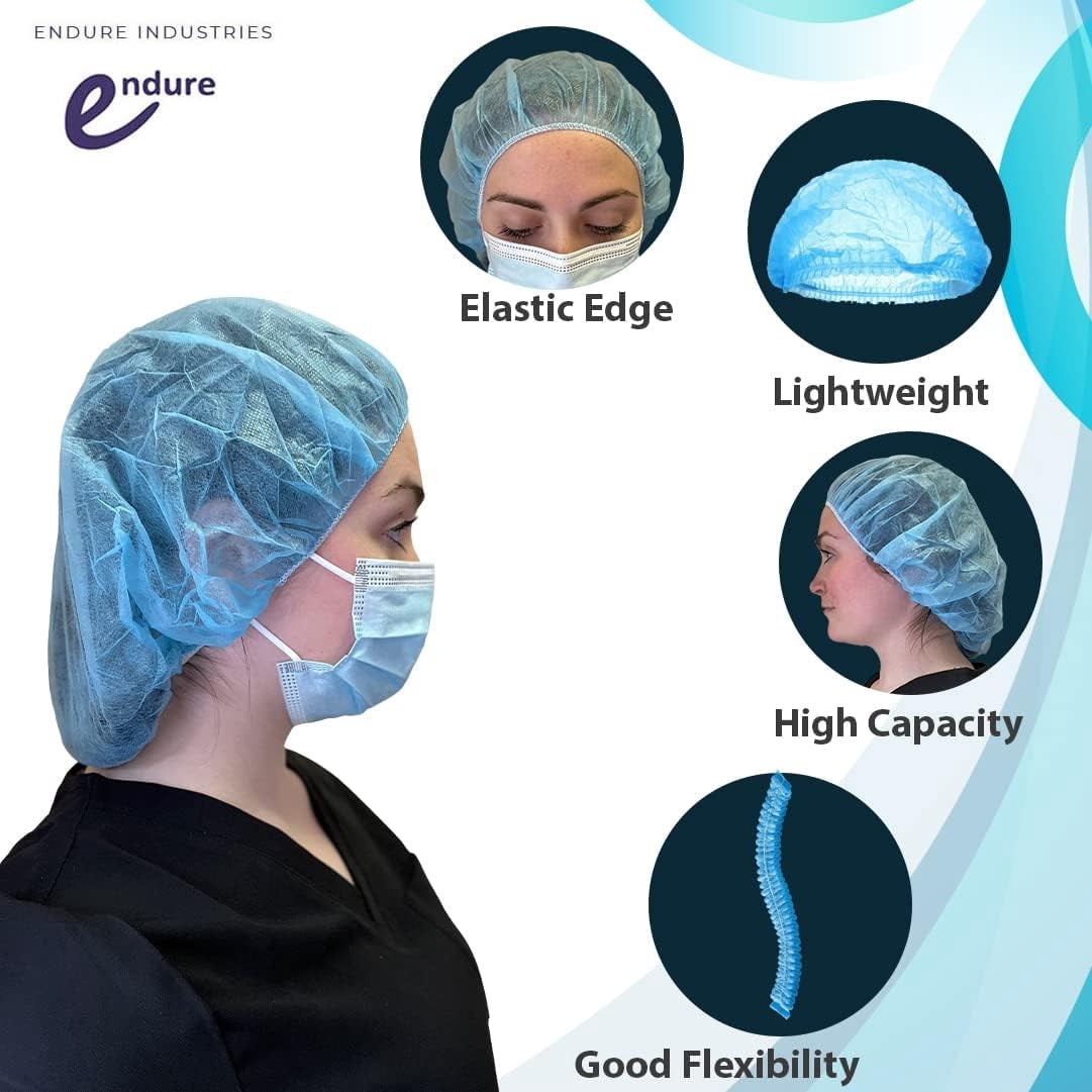 Endure Medical Supply Combo, Disposable Bouffant Cap 24” Pack of 100, Anti-Skid Shoe Cover Blue Pack of 100, Disposable Blue Ear Loop Face Mask Pack of 50 & Face Shield Pack of 5