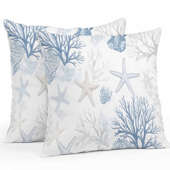 Summer Coastal Outdoor Pillow Covers Pack of 2 Coral Starfish Nautical Beach Waterproof Throw Pillow Covers Decorative Cushion Cases for Patio Garden Tent Balcony Couch 16x16 inch