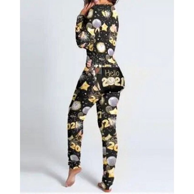 Pijama Sexy de Navidad para mujer, mono de Año Nuevo con botones en la parte delantera, trasera, trasero abierto, mono con solapa, ropa de descanso con estampado de Navidad