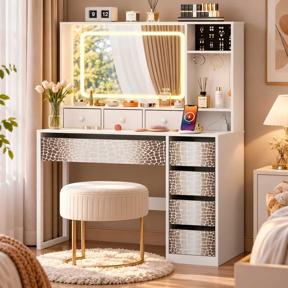 Ktaxon Makeup Vanity Desk with Lighted Mirror, Vanity Table with Charging Station for Bedroom, White