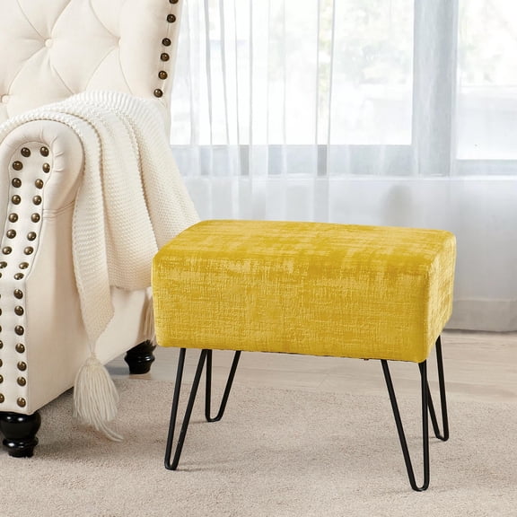 Home Soft Things Textured Velvet Ottoman Stool Chair, Upholstered Footrest with Black Metal Legs, Sulphur, 19" x 13" x 17"
