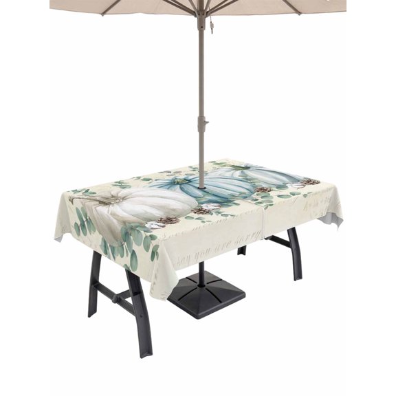 Outdoor Tablecloth with Umbrella Hole and Zipper, Teal Grey Pumpkins Fall Rectangle Table Cloth 54x80 Inch Waterproof Tablecloth, Thanksgiving Eucalyptus Vintage Picnic Table Cover for Patio Camping