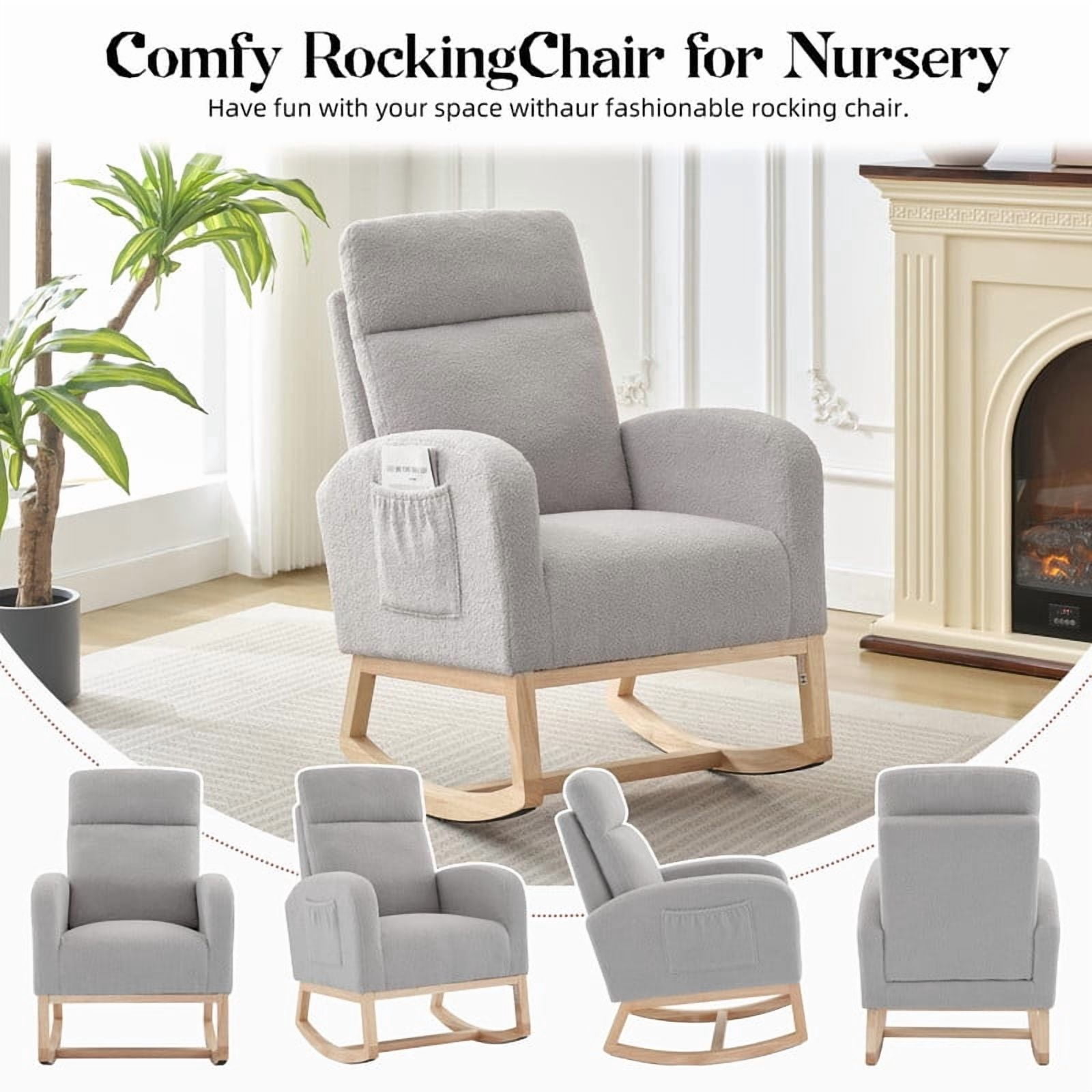 TROPOW Nursing Rocking Chair, Modern Upholstered Glider Rocker with High Back & Side Pocket for Nursery, Breastfeeding, Living Room & Bedroom