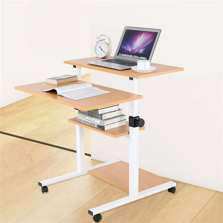Ergonomic Mobile Stand Up Desk Computer Workstation Adjustable Height Rolling Presentation Laptop Desk Cart(Wood